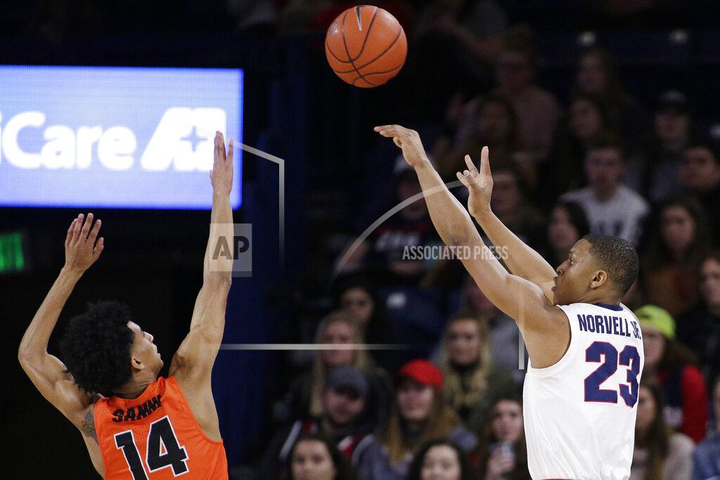 Young Kwak Gonzaga guard Zach Norvell Jr. (23) shoots while defended by Pacific guard Ajare Sanni (14) during the first half of an NCAA college basketball game in Spokane, Wash., Thursday, Jan. 10, 2019. (AP Photo/Young Kwak)