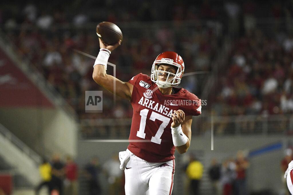 Michael Woods Arkansas quarterback Nick Starkel throws a pass that was intercepted bySan Jose State during the second half of an NCAA college football game Saturday, Sept. 21, 2019, in Fayetteville, Ark. (AP Photo/Michael Woods)