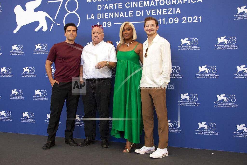 Joel C Ryan Oscar Isaac, from left, Paul Schrader, Tiffany Haddish and Tye Sheridan pose for photographers at the photo call for the film 'The Card Counter' during the 78th edition of the Venice Film Festival in Venice, Italy, Thursday, Sep, 2, 2021. (Photo by Joel C Ryan/Invision/AP)