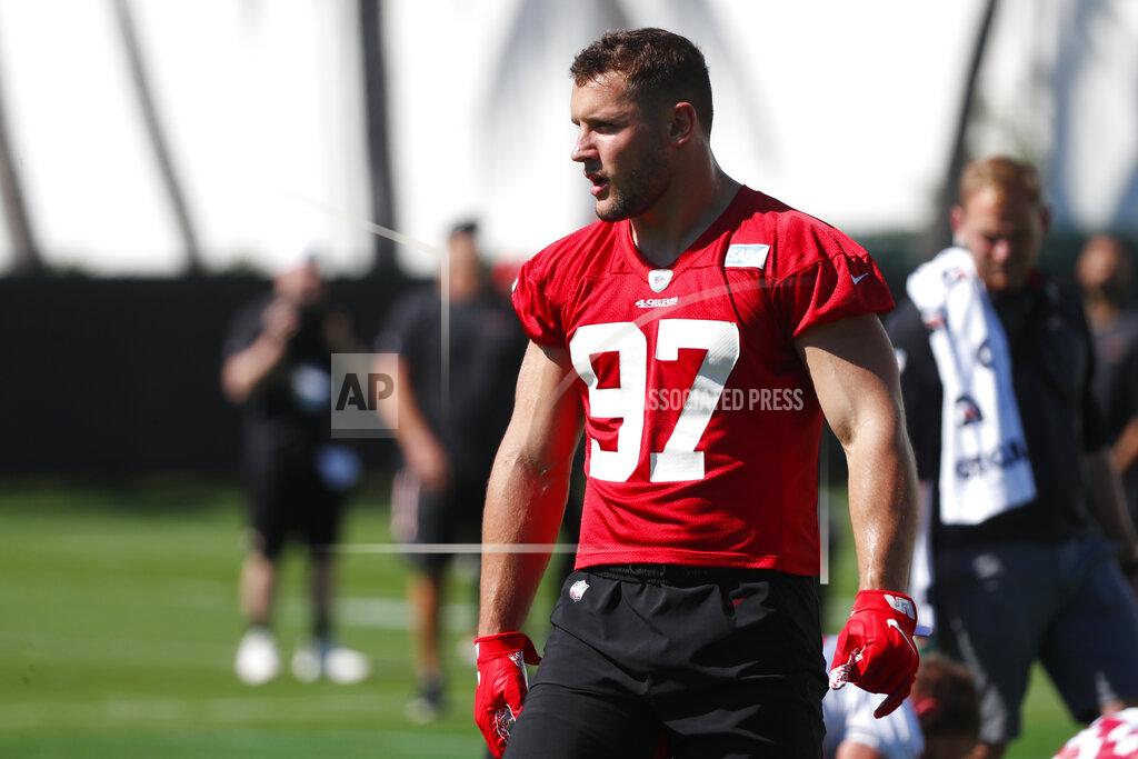 Wilfredo Lee San Francisco 49ers defensive end Nick Bosa warms up during practice, Thursday, Jan. 30, 2020, in Coral Gables, Fla., for the NFL Super Bowl 54 football game. (AP Photo/Wilfredo Lee)