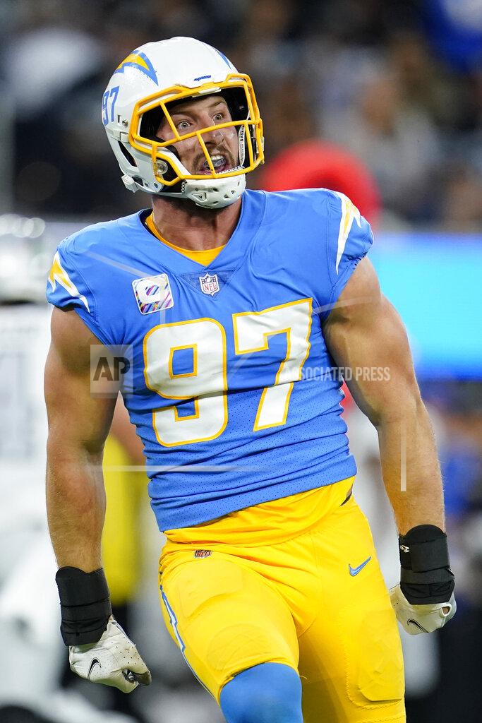 Marcio Jose Sanchez Los Angeles Chargers defensive end Joey Bosa reacts after sacking Las Vegas Raiders quarterback Derek Carr during the first half of an NFL football game Monday, Oct. 4, 2021, in Inglewood, Calif. (AP Photo/Marcio Jose Sanchez)