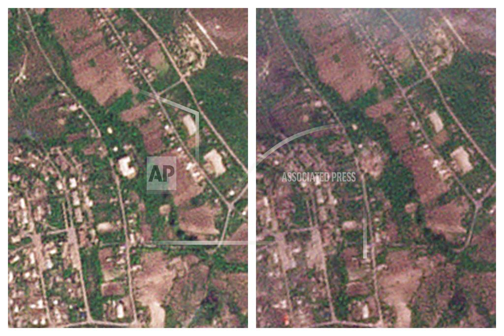 Uncredited This combination of May 7, and May 8, 2022 satellite images from Planet Labs PBC shows a school, center, in the village of Bilohorivka, Ukraine, before and after a Russian airstrike. Ukrainian officials fear the strike killed some 60 people taking shelter in the school's basement. (Planet Labs PBC via AP)