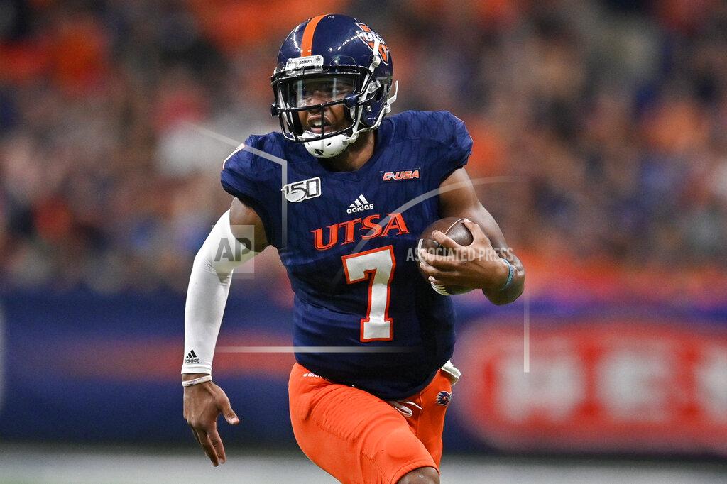 Darren Abate FILE - In this Aug. 31, 2019, file photo, University of Texas San Antonio quarterback Frank Harris runs during an NCAA football game against Uniuversity of the Incarnate Word, in San Antonio. Charlie Brewer is finally entrenched as Baylor’s quarterback in his third season starting games. Frank Harris, also a touted dual-threat recruit as a Texas high school senior three years ago, is just getting started at UTSA. (AP Photo/Darren Abate, File)