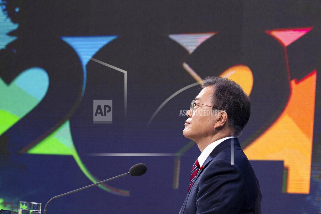 Jeon Heon-Kyun South Korean President Moon Jae-in speaks during an on-line New Year press conference with local and foreign journalists at the Presidential Blue House in Seoul, South Korea Monday, Jan. 18, 2021. (Jeon Heon-kyun/Pool Photo via AP)
