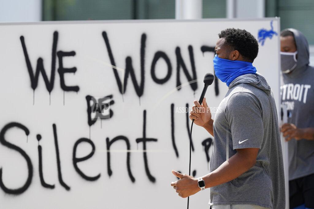 Carlos Osorio Detroit Lions defensive end Trey Flowers addresses the media with his teammates outside the Lions NFL football camp practice facility, Tuesday, Aug. 25, 2020, in Allen Park, Mich. The players were reacting to the recent shooting of Jacob Blake in Kenosha, Wis., on Sunday. (AP Photo/Carlos Osorio)