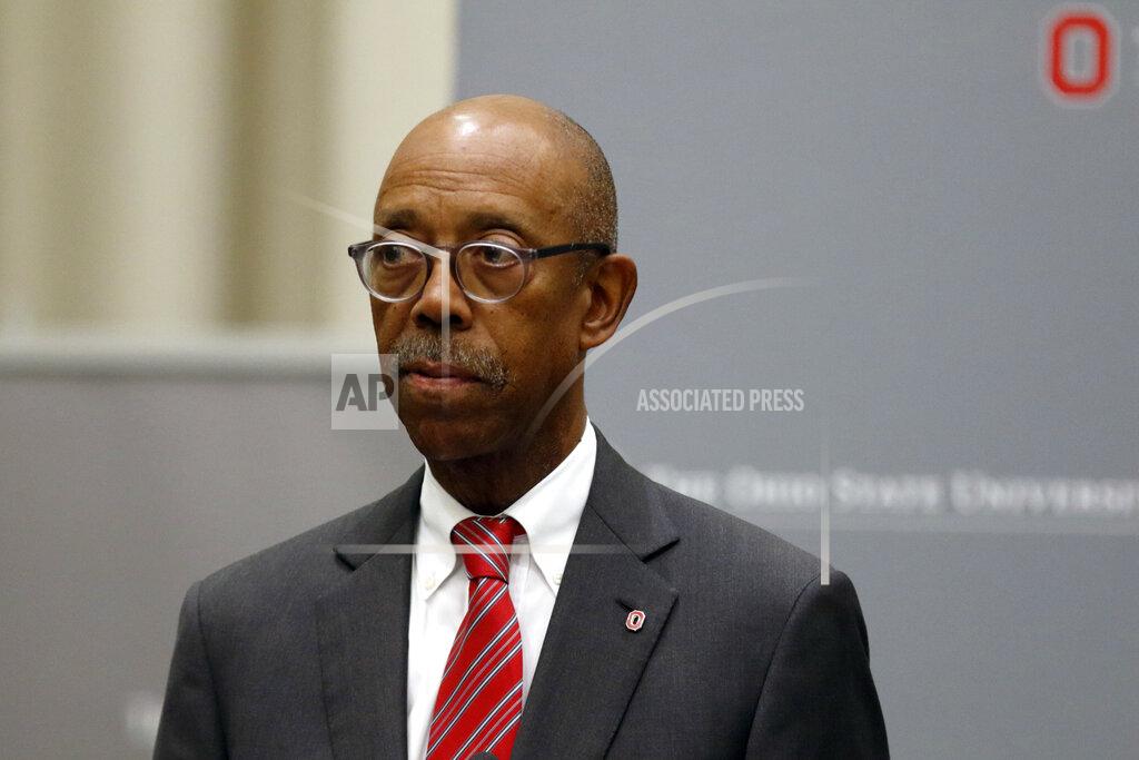 FILE - In this Aug. 22, 2018, file photo, Ohio State University President Michael Drake makes a statement during a press conference in Columbus, Ohio. The University of California system has named Drake to replace Janet Napolitano and become its first Black president. A physician, Drake was unanimously approved Tuesday, July 7, 2020, by the Board of Regents. (AP Photo/Paul Vernon, File)