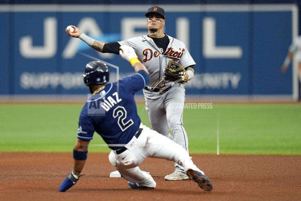Chris O'MEara Detroit Tigers shortstop Javier Baez forces Tampa Bay Rays' Yandy Diaz (2) at seond base and relays the throw to first in time to turna double play on Wander Franco during the fourth inning of a baseball game Wednesday, May 18, 2022, in St. Petersburg, Fla. (AP Photo/Chris O'Meara)