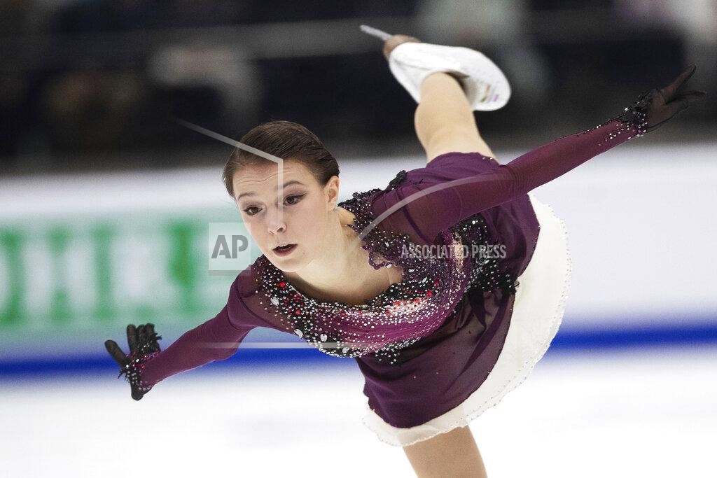 Raul Mee Anna Shcherbakova of Russia performs during the women's free skating competition of the ISU European Figure Skating Championships in Tallinn, Estonia, Saturday, Jan. 15, 2022. (AP Photo/Raul Mee)