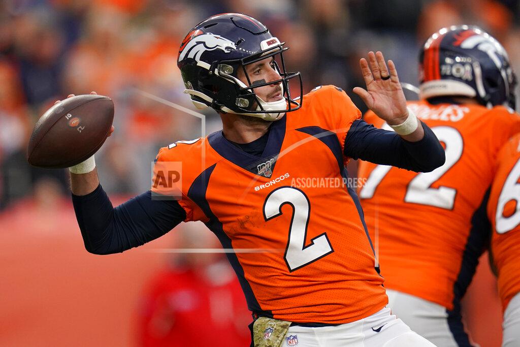 Jack Dempsey Denver Broncos quarterback Brandon Allen (2) throws against the Cleveland Browns during the second half of NFL football game, Sunday, Nov. 3, 2019, in Denver. (AP Photo/Jack Dempsey)