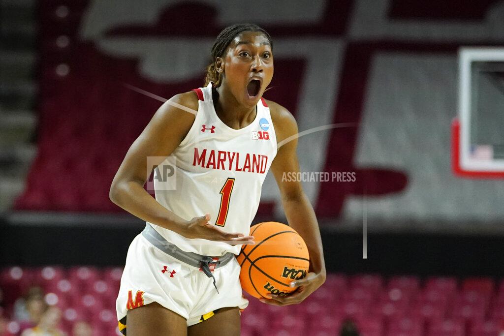 Julio Cortez Maryland guard Diamond Miller reacts after a play against Florida Gulf Coast during the first half of a college basketball game in the second round of the NCAA tournament, Sunday, March 20, 2022, in College Park, Md. (AP Photo/Julio Cortez)