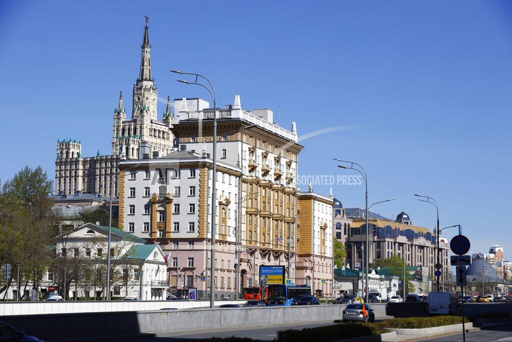 Alexander Zemlianichenko The U.S. Embassy, center, is seen in Moscow, Russia, Tuesday, May 11, 2021. Under Kremlin orders, the U.S. Embassy has stopped employing Russians, leaving Russian businessmen, lovers and exchange students adrift because they can't get visas and American parents unable to register their newborns as citizens.(AP Photo/Alexander Zemlianichenko)