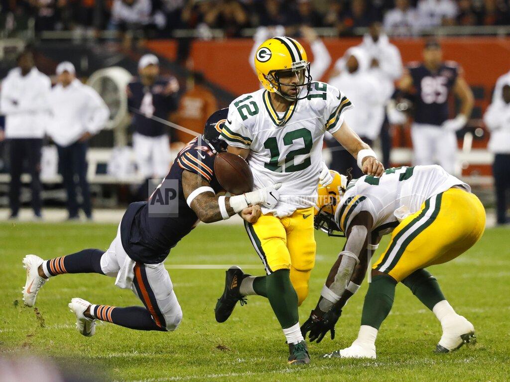 Charles Rex Arbogast Chicago Bears' Ha Ha Clinton-Dix strips the ball from Green Bay Packers' Aaron Rodgers during the second half of an NFL football game Thursday, Sept. 5, 2019, in Chicago. Rodgers revered the fumble. (AP Photo/Charles Rex Arbogast)