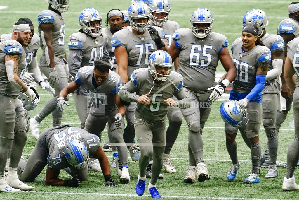 Brynn Anderson Detroit Lions kicker Matt Prater (5) celebrates a game-winning extra point against the Atlanta Falcons during the second half of an NFL football game, Sunday, Oct. 25, 2020, in Atlanta. The Detroit Lions won 23-22. (AP Photo/Brynn Anderson)