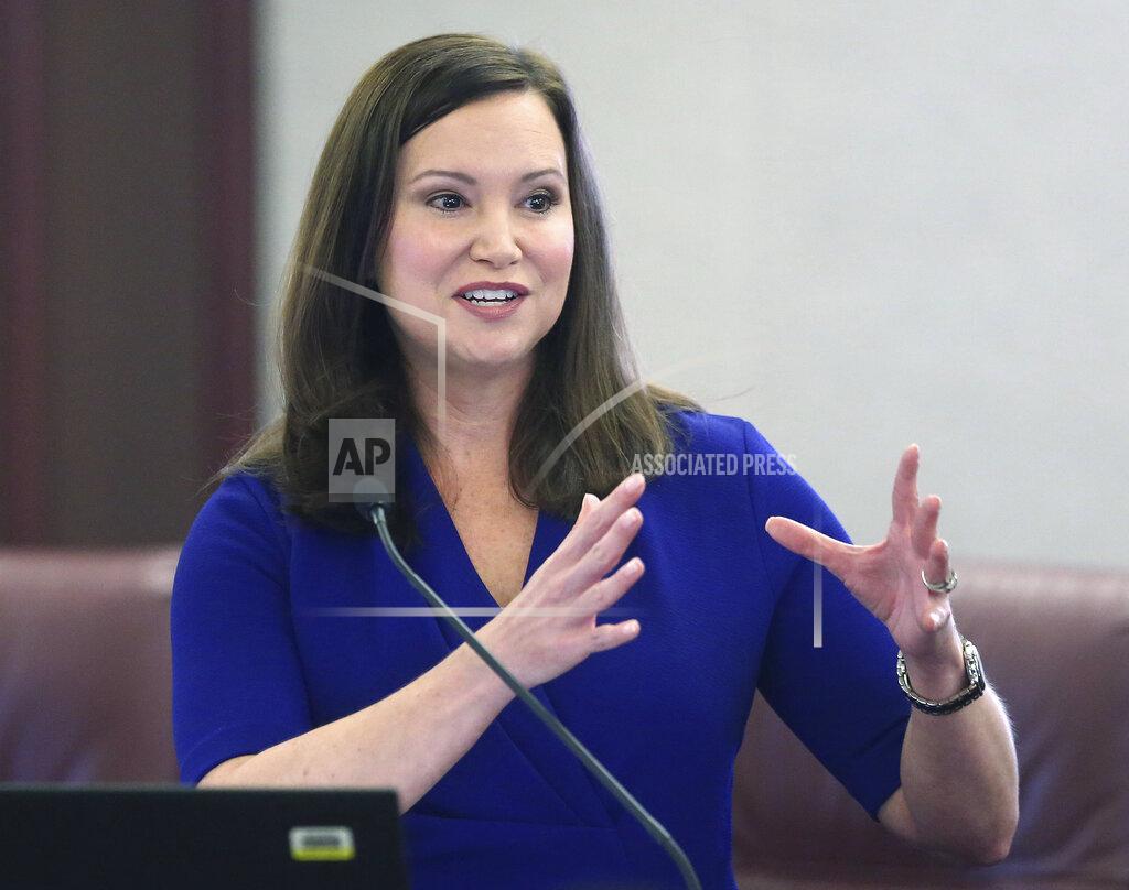 In this Oct. 29, 2019 file photo, Florida's attorney general Ashley Moody speaks at a news conference in Tallahassee, Fla. Moody filed 50 investigative subpoenas to identify sellers as part of price-gouging investigation. (AP Photo/Steve Cannon, File)