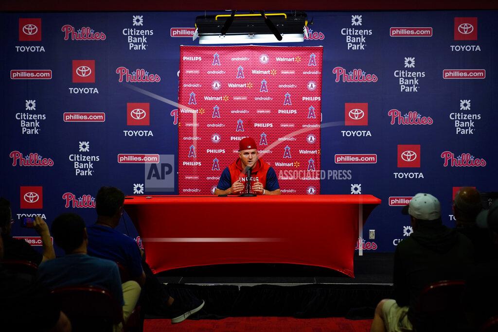 Matt Slocum Los Angeles Angels' Mike Trout speaks during a news conference before a baseball game against the Philadelphia Phillies, Friday, June 3, 2022, in Philadelphia. (AP Photo/Matt Slocum)