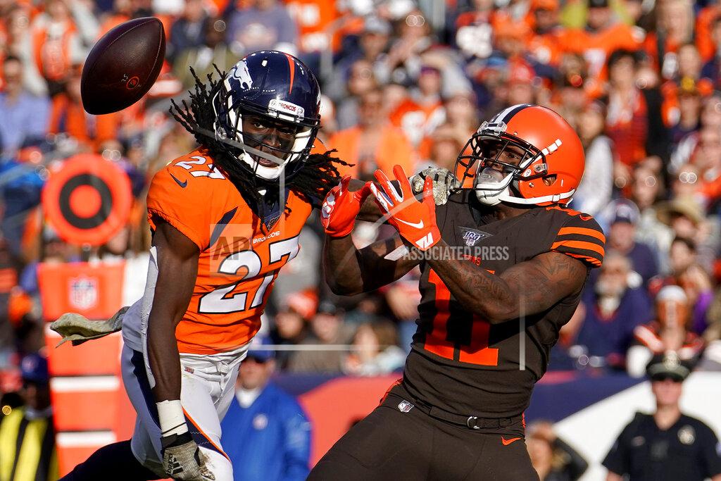 Jack Dempsey Denver Broncos cornerback Davontae Harris (27) breaks up a pass in the end zone intended for Cleveland Browns wide receiver Antonio Callaway (11) during the first half of NFL football game, Sunday, Nov. 3, 2019, in Denver. (AP Photo/Jack Dempsey)