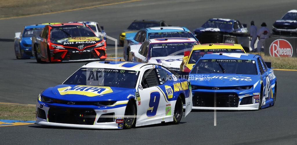 Ben Margot Chase Elliott (9) leads through a turn as he competes during a NASCAR Sprint Cup Series auto race Sunday, June 23, 2019, in Sonoma, Calif. (AP Photo/Ben Margot)
