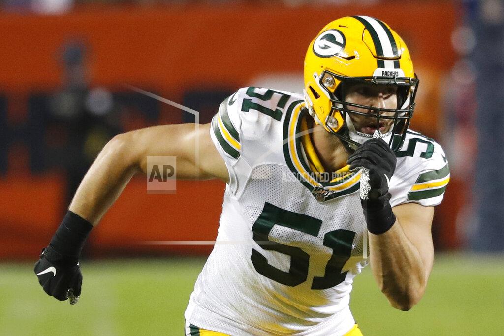 Charles Rex Arbogast FILE - In this Sept. 5, 2019, file photo, Green Bay Packers linebacker Kyler Fackrell is show in action against the Chicago Bears during an NFL football game in Chicago. The New York Giants are giving free agent linebacker Kyler Fackrell a chance to show that 2019 wasn't as bad as the numbers made it look. It's a one-year shot for Fackrell to prove his 10-1/2 sack season in 2018 with the Green Bay Packers wasn't a fluke.(AP Photo/Charles Rex Arbogast, File)