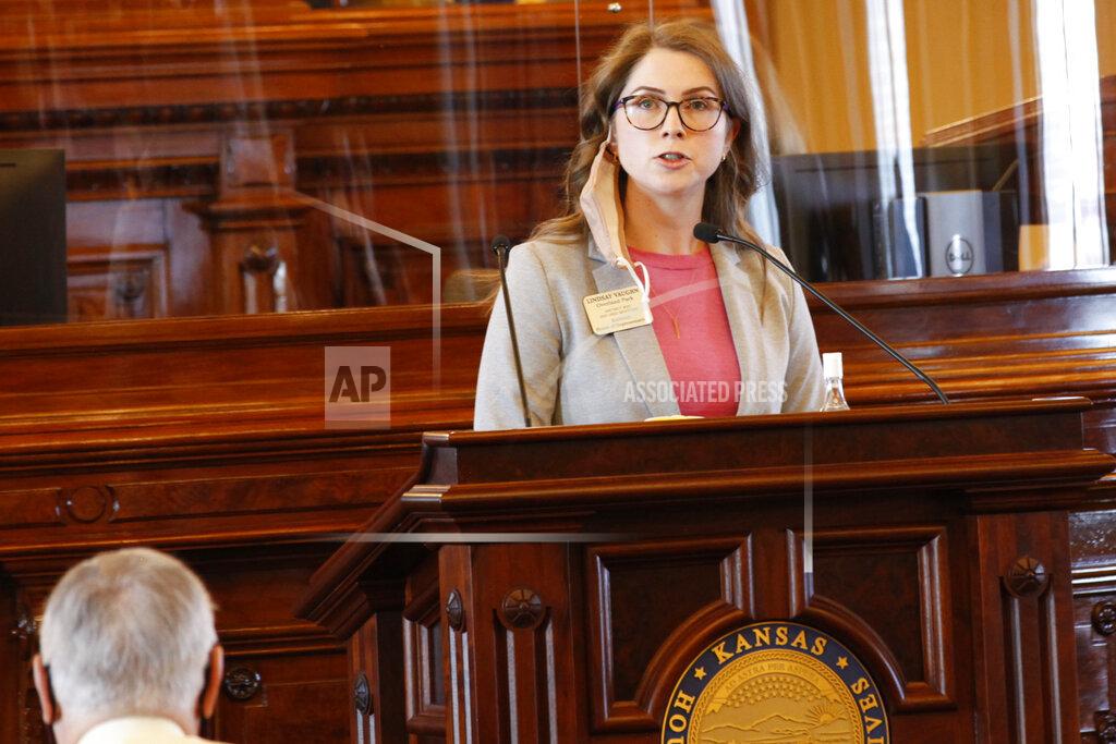 John Hanna Kansas state Rep. Lindsay Vaughn, D-Overland Park, speaks against a proposed anti-abortion amendment to the Kansas Constitution during a House debate, Friday, Jan. 22, 2021, at the Statehouse in Topeka, Kan. Vaughn said if the amendment is enacted, it is likely to lead to a state ban on abortion, something backers of the measure dispute. (AP Photo/John Hanna, Pool)