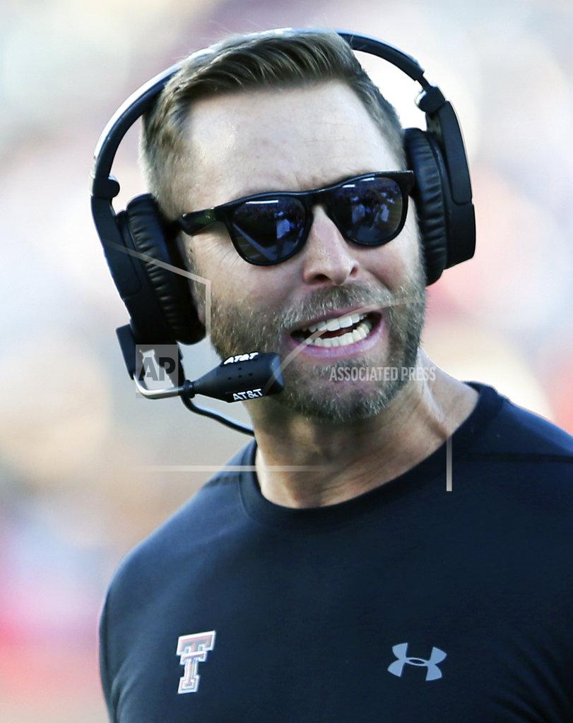Sam Grenadier FILE - In this Sept. 15, 2018, file photo, Texas Tech coach Kliff Kingsbury reacts to a play during an NCAA college football game against Houston, in Lubbock, Texas. Kansas plays at Texas Tech on Saturday, Oct. 20. (Sam Grenadier/Lubbock Avalanche-Journal via AP, FIle)