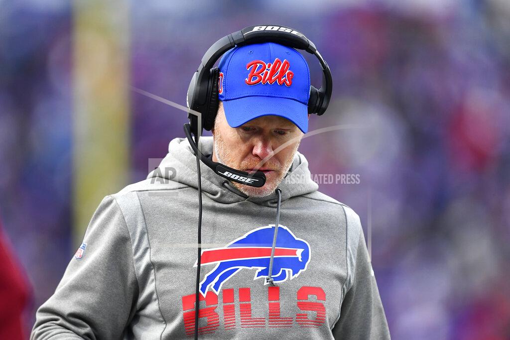 Adrian Kraus Buffalo Bills head coach Sean McDermott walks the sideline during the second half of an NFL football game against the Baltimore Ravens in Orchard Park, N.Y., Sunday, Dec. 8, 2019. (AP Photo/Adrian Kraus)