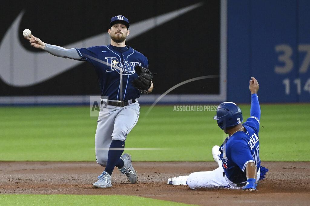 Jon Blacker Tampa Bay Rays' Brandon Lowe throws to first after forcing out Toronto Blue Jays' Marcus Semien at second base, on a double play hit into bu Vladimir Guerrero Jr. during the first inning of a baseball game Tuesday, Sept. 14, 2021, in Toronto. (Jon Blacker/The Canadian Press via AP)
