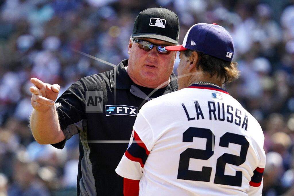 Nam Y. Huh Umpire Bill Miller, left, talks with Chicago White Sox manager Tony La Russa during the seventh inning of the team's baseball game against the Houston Astros in Chicago, Sunday, July 18, 2021. (AP Photo/Nam Y. Huh)