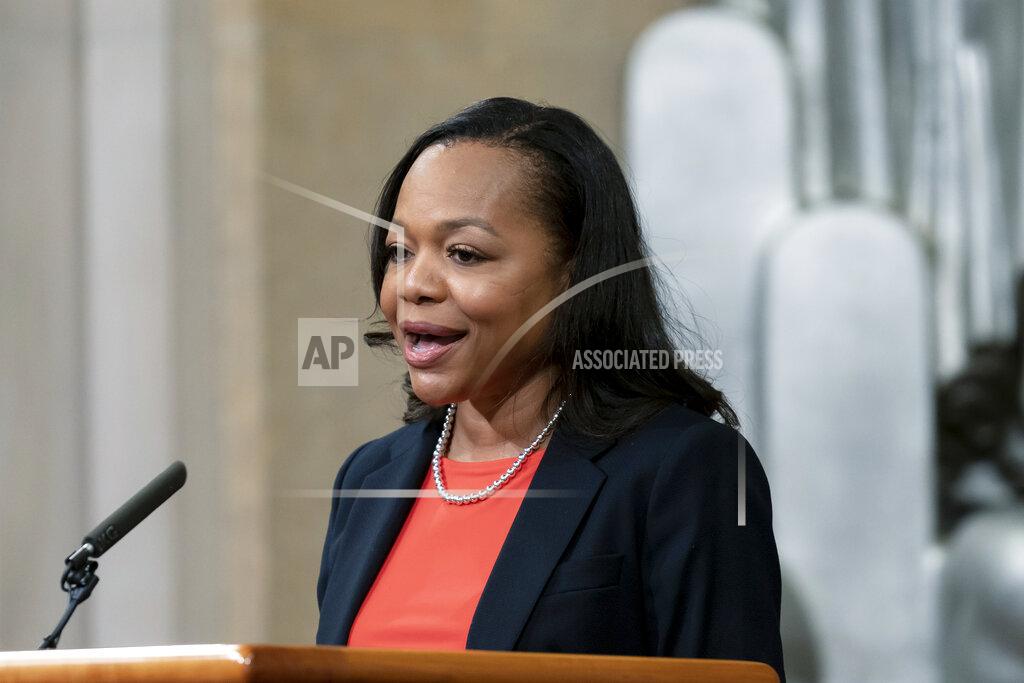 J. Scott Applewhite Assistant Attorney General Kristen Clarke adds her remarks to an announcement by Attorney General Merrick Garland on plans to combat mortgage lending discrimination, at the Justice Department in Washington, Friday, Oct. 22, 2021. (AP Photo/J. Scott Applewhite)