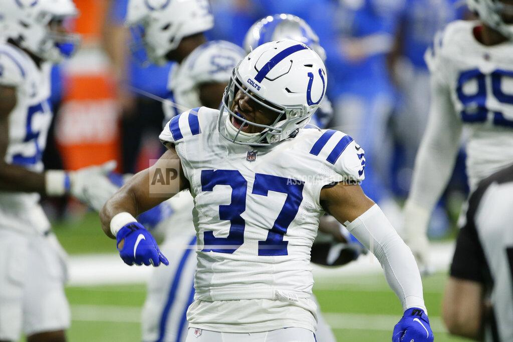 Duane Burleson Indianapolis Colts strong safety Khari Willis (37) reacts after a play during the second half of an NFL football game against the Detroit Lions, Sunday, Nov. 1, 2020, in Detroit. (AP Photo/Duane Burleson)
