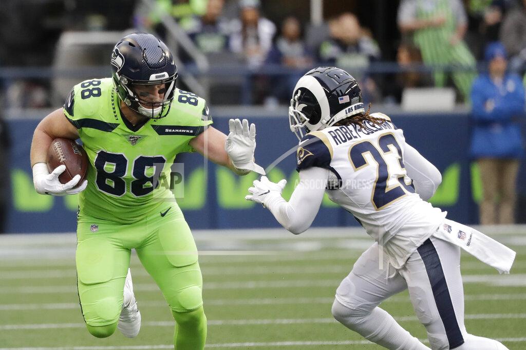 Elaine Thompson Seattle Seahawks tight end Will Dissly (88) rushes against Los Angeles Rams defensive back Nickell Robey-Coleman during the first half of an NFL football game Thursday, Oct. 3, 2019, in Seattle. (AP Photo/Elaine Thompson)
