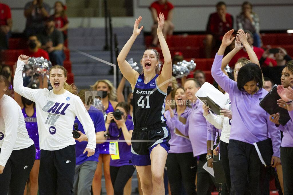 Ben Mckeown Kansas State's Taylor Lauterbach (41) celebrates with her team after defeating Washington State in a college basketball game in the first round of the NCAA tournament in Raleigh, N.C., Saturday, March 19, 2022. (AP Photo/Ben McKeown)