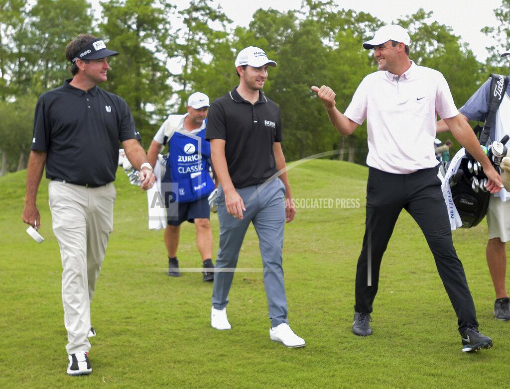 Max Becherer Bubba Watson, left, and Scottie Scheffler, right, talk with Patrick Cantlay, center, as they walk to the 10th hole during the second round of the Zurich Classic golf tournament at TPC Louisiana in Avondale, La., Friday, April 23, 2021. (Max Becherer/The Times-Picayune/The New Orleans Advocate via AP)