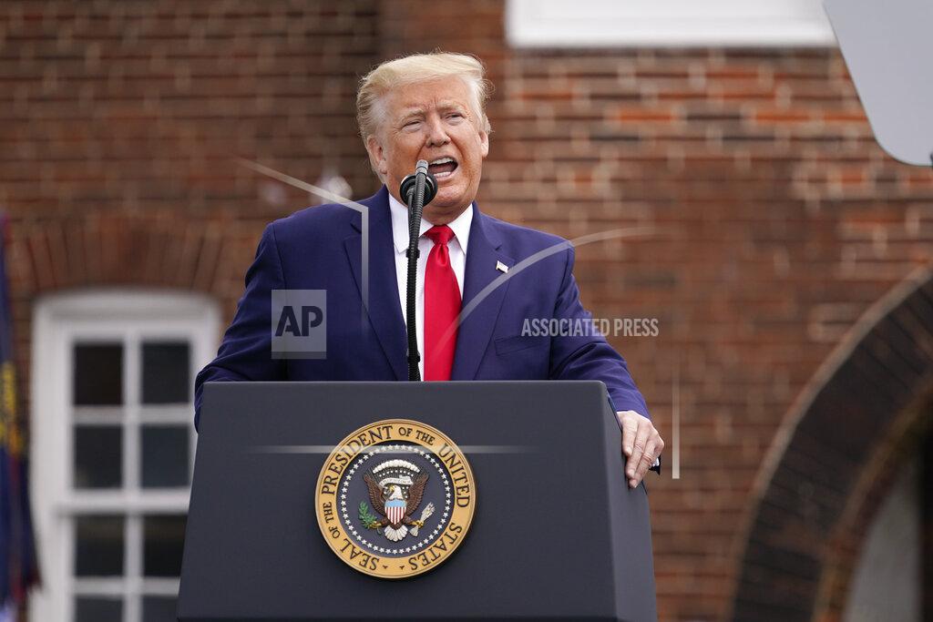 Evan Vucci President Donald Trump speaks during a Memorial Day ceremony at Fort McHenry National Monument and Historic Shrine, Monday, May 25, 2020, in Baltimore. (AP Photo/Evan Vucci)