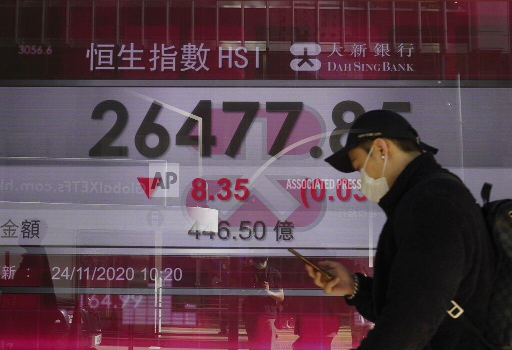 Vincent Yu A man walks past a bank's electronic board showing the Hong Kong share index at the Hong Kong Stock Exchange, Tuesday, Nov. 24, 2020. Asian shares were mostly higher Tuesday, encouraged by news on the development of coronavirus vaccines and more assurance for a transition of power in the U.S. to President-elect Joe Biden. (AP Photo/Vincent Yu)