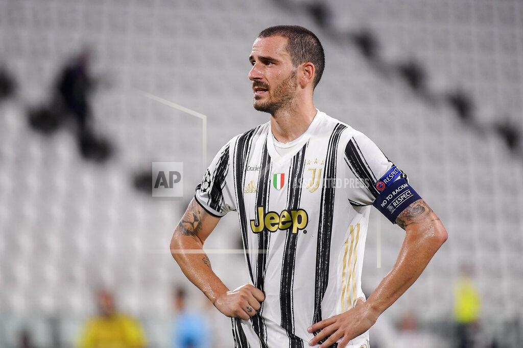 Marco Alpozzi Juventus' Leonardo Bonucci reacts at the end of the Champions League round of 16 second leg, soccer match between Juventus and Lyon at the Allianz stadium in Turin, Italy, Friday, Aug. 7, 2020. (Marco Alpozzi/LaPresse via AP)