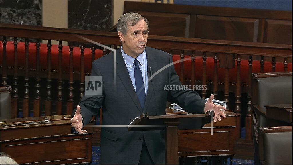In this Feb. 5, 2020, file image from video, Sen. Jeff Merkley, D-Ore., speaks on the Senate floor at the U.S. Capitol in Washington. (Senate Television via AP)