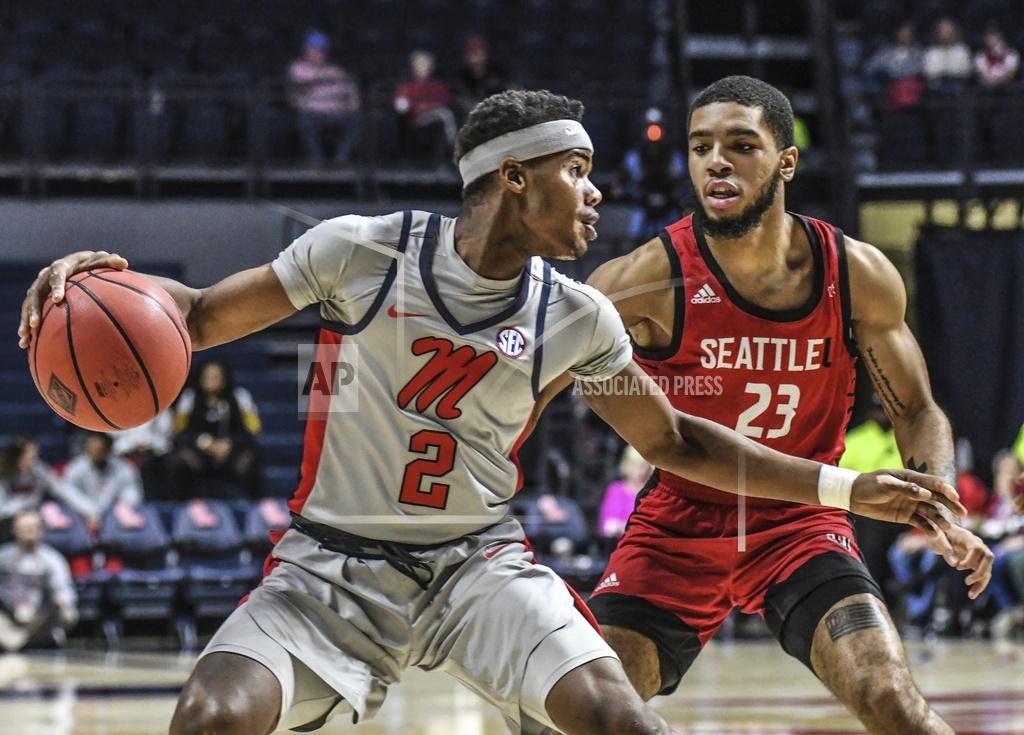 Bruce Newman Mississippi guard Devontae Shuler (2) is defended by Seattle guard Terrell Brown (23) during an NCAA college basketball game Tuesday, Nov. 19, 2019, in Oxford, Miss. (Bruce Newman/The Oxford Eagle via AP)