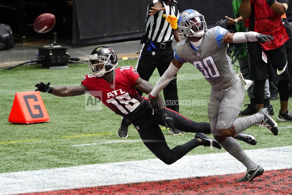 John Bazemore Atlanta Falcons wide receiver Calvin Ridley (18) works for a catch against Detroit Lions cornerback Jeff Okudah (30) during the first half of an NFL football game, Sunday, Oct. 25, 2020, in Atlanta. (AP Photo/John Bazemore)
