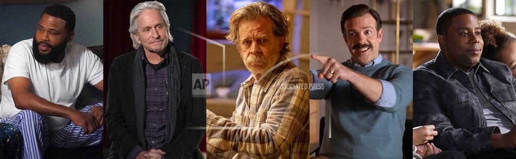 Uncredited This combination of photos shows Emmy nominees for lead actor in a comedy series, from left, Anthony Anderson in "black-ish," Michael Douglas in "The Kominsky Method," William H. Macy in "Shameless," Jason Sudeikis in "Ted Lasso," and Kenan Thompson in "Kenan." (ABC/Netflix/Showtime/Apple TV+/ NBC via AP)
