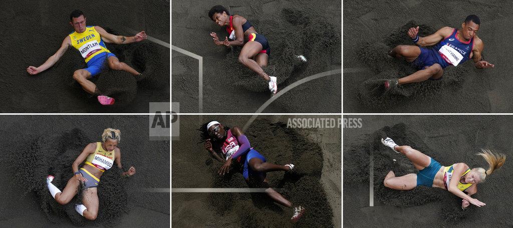 Morry Gash Jumpers, from top left, Thobias Montler, of Sweden, Rellie Kaputin, of Papua New Guinea, Jean-Marc Pontvianne, of France, Malaika Mihambo, of Germany, Brittney Reese, of United States, and Brooke Stratton, of Australia, compete at the 2020 Summer Olympics, Monday, Aug. 2, 2021, in Tokyo. (AP Photos/Morry Gash)