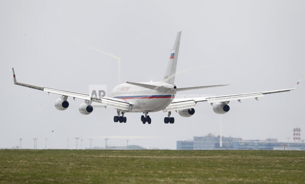 Petr David Josek Russian special government plane lands at the Vaclav Havel airport in Prague, Czech Republic, Monday, April 19, 2021. Czech Republic is expelling 18 diplomats identified as spies over a 2014 ammunition depot explosion. On Saturday, April 17, 2021, Prime Minister Andrej Babis said the Czech spy agencies provided clear evidence about the involvement of Russian military agents in the massive explosion that killed two people. (AP Photo/Petr David Josek)