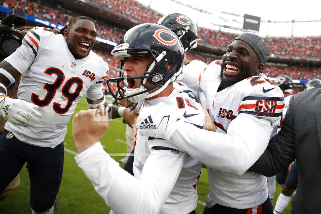 David Zalubowski Chicago Bears kicker Eddy Pineiro, center, celebrates his game-winning field goal with free safety Eddie Jackson (39) and cornerback Prince Amukamara against the Denver Broncos after an NFL football game, Sunday, Sept. 15, 2019, in Denver. (AP Photo/David Zalubowski)