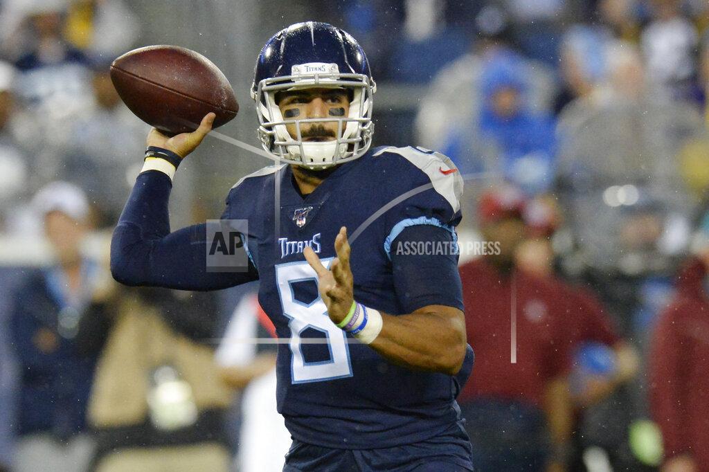Mark Zaleski Tennessee Titans quarterback Marcus Mariota passes against the Pittsburgh Steelers in the first half of a preseason NFL football game Sunday, Aug. 25, 2019, in Nashville, Tenn. (AP Photo/Mark Zaleski)