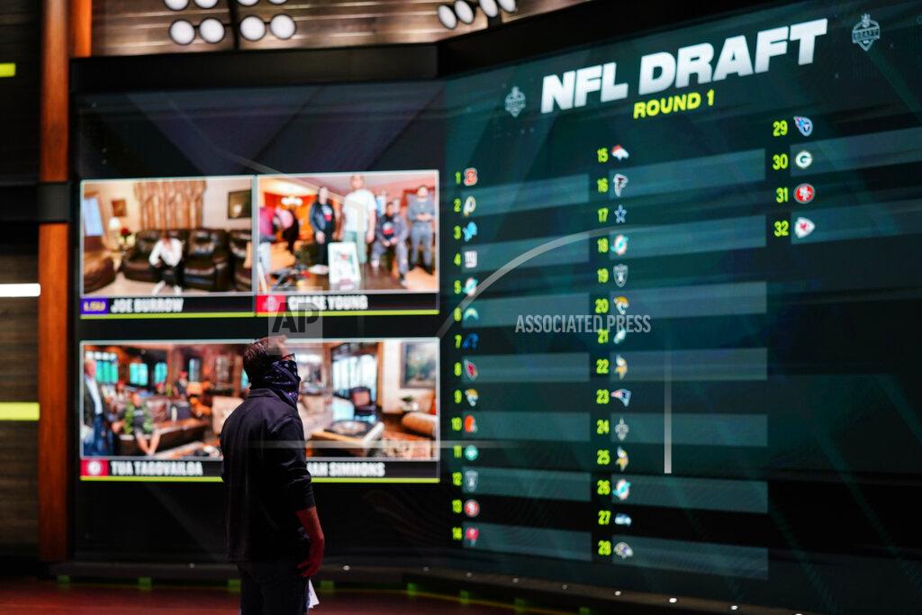 Allen Kee In a photo provided by ESPN Images, the draft board is seen before the start of the NFL football draft, Thursday, April 23, 2020, in Bristol, Conn. (Allen Kee/ESPN Images via AP)