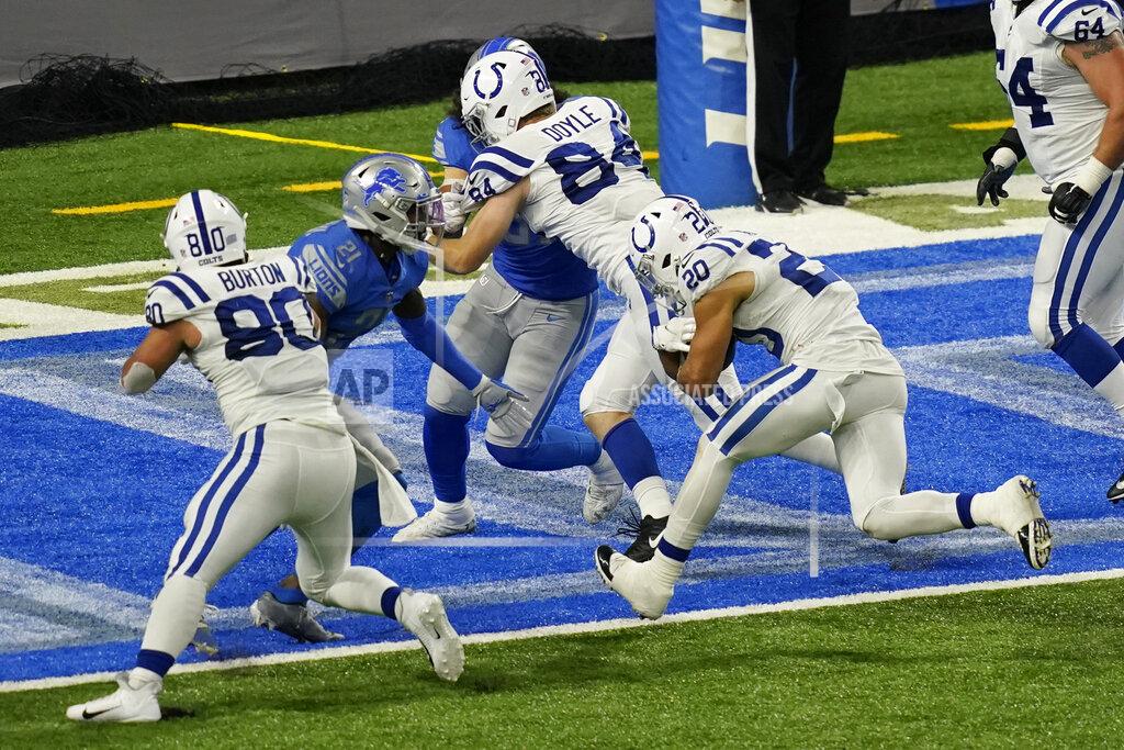 Carlos Osorio Indianapolis Colts running back Jordan Wilkins (20) rushes for a 1-yard touchdown during the second half of an NFL football game against the Detroit Lions, Sunday, Nov. 1, 2020, in Detroit. (AP Photo/Carlos Osorio)