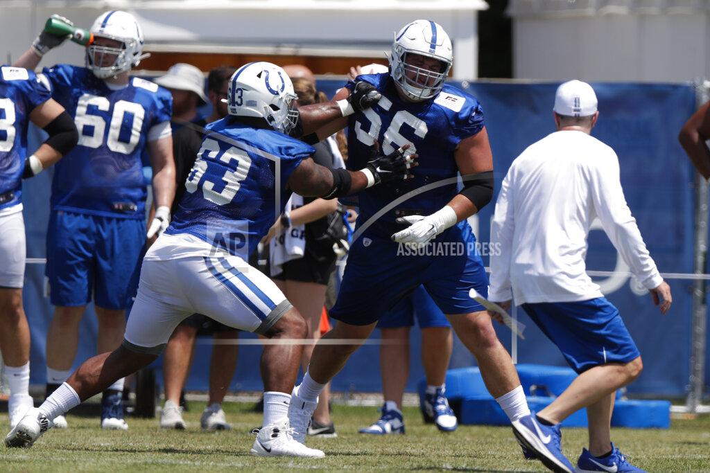 Michael Conroy Indianapolis Colts offensive guard Quenton Nelson (56) works against center Josh Andrews (63) during practice at the NFL team's football training camp in Westfield, Ind., Thursday, July 25, 2019. (AP Photo/Michael Conroy)