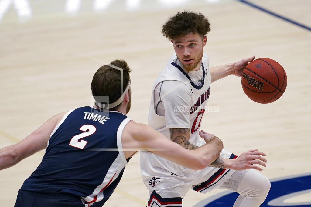 Jeff Chiu Saint Mary's guard Logan Johnson, right, is defended by Gonzaga forward Drew Timme (2) during the second half of an NCAA college basketball game in Moraga, Calif., Saturday, Jan. 16, 2021. (AP Photo/Jeff Chiu)