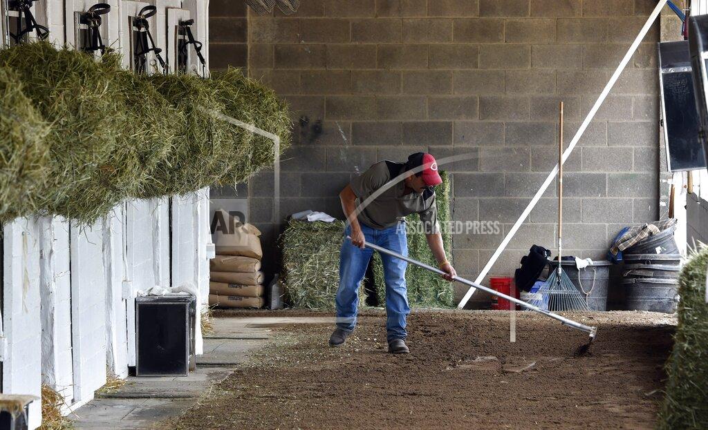 Timothy D. Easley FILE - In this April 19, 2017 file photo, barn worker Jose Cesada, an immigrant worker in the United States on an H-2B visa, rakes the cool down path at the barn of trainer Dale Romans on the backside at Churchill Downs in Louisville, Ky. The Trump administration’s immigration squeeze and the hardships caused by the coronavirus pandemic threaten to leave the horse racing industry short of workers, racing officials warn as they prepare for a reconfigured Kentucky Derby. (AP Photo/Timothy D. Easley, File)