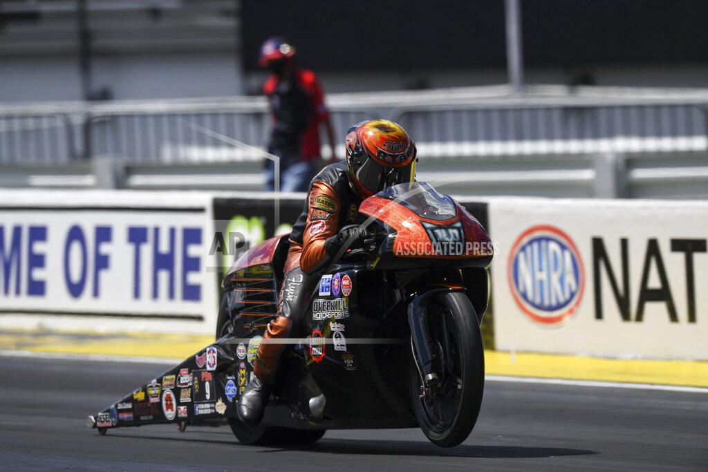 Richard H. Shute In this photo provided by the NHRA, Pro Stock Motorcycle racer Ryan Oehler makes his way to his first career win on Sunday, July 12, 2020, as he defeats Matt Smith in the final round at the E3 Spark Plugs NHRA National in Indianapolis. (Richard H. Shute/NHRA via AP)