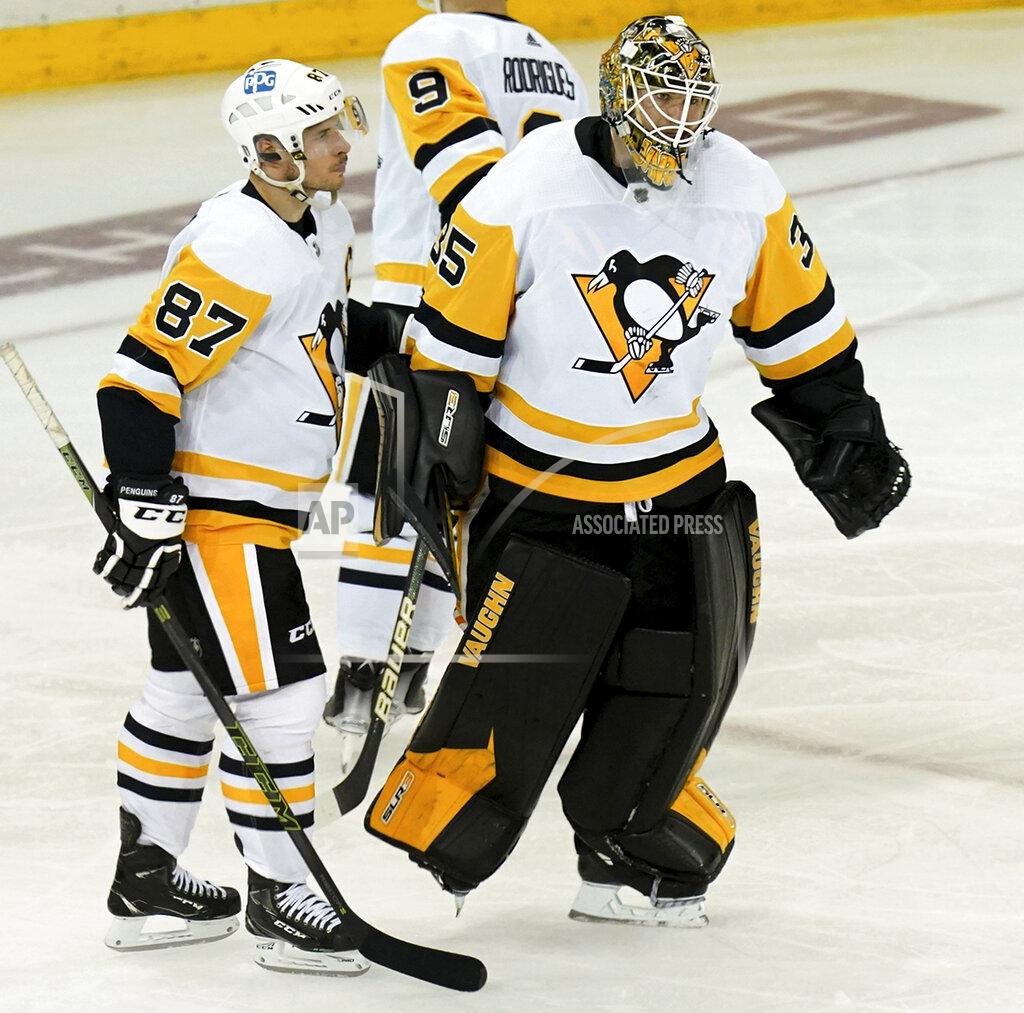 Matt Freed Pittsburgh Penguins center Sidney Crosby and goaltender Tristan Jarry skate off the ice after losing to the New York Rangers in overtime of Game 7 in an NHL hockey playoff series, Sunday, May 15, 2022, at Madison Square Garden in New York. (Matt Freed/Pittsburgh Post-Gazette via AP)